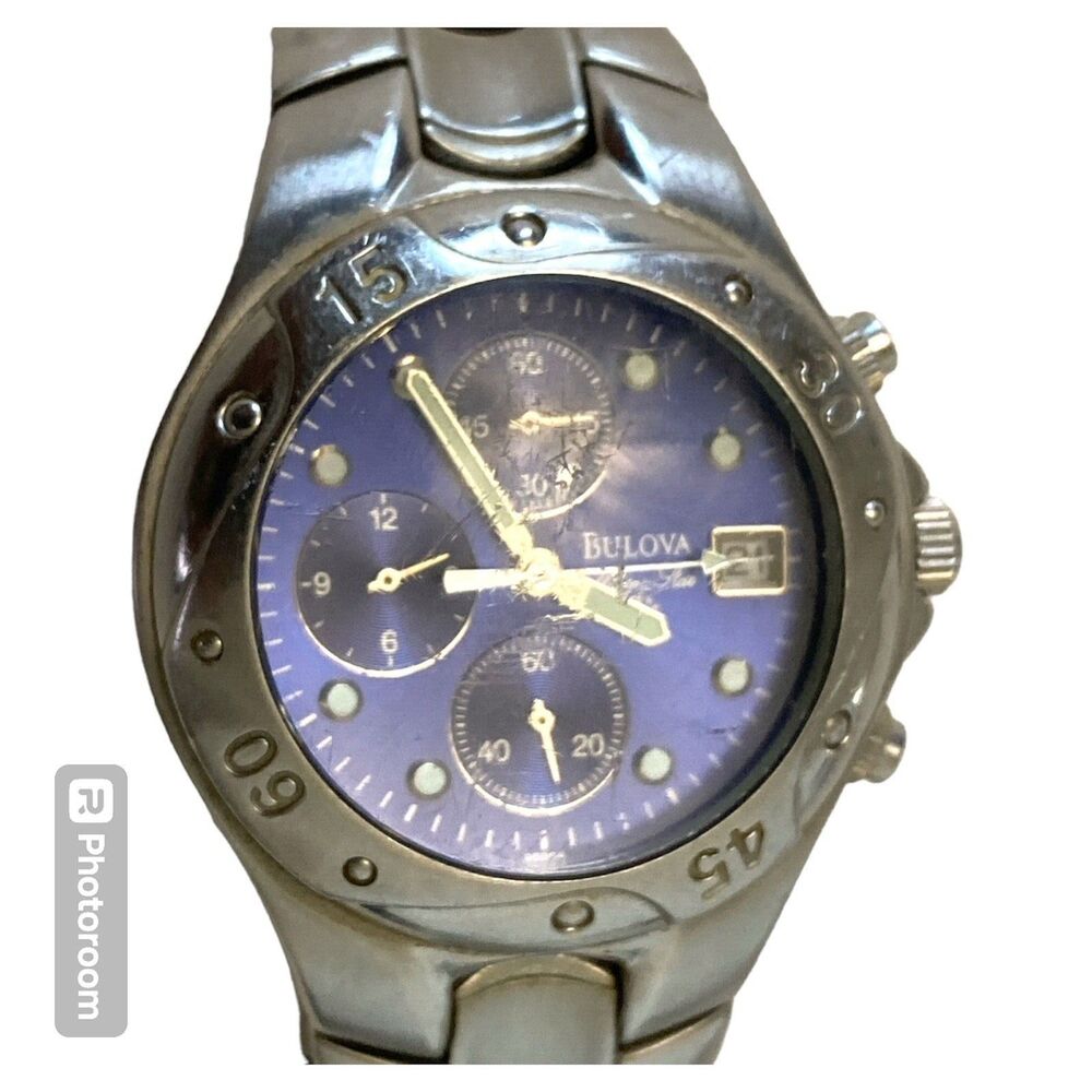 Vintage Men's BULOVA "Marine Star" Blue Face Chronograph Watch  New Battery